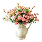 Künstliche gefälschte Blumen Rosa Rose Künstliche Blumen Blumenstrauß mit weißer Vase Dekoration, Wohnzimmerdekoration, Seide Gefälschte Blumenkunst for Festival Party Blumensträuße Dek