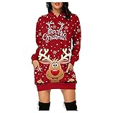 Winterkleid Frauen Langarm Weihnachten Kleid Fleece Warm Weihnachtskleid mit Hirsch-Muster Aufdruck Unregelmäßiges Festliches Partykleid Cocktaiikleid für Damen Oversize Causal Winterkleid Pyjamak