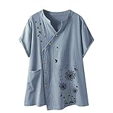 DFBF Bluse Kurz Top Shirt Print Ärmel V-Ausschnitt Frauen Knopf Lose Casual Damen Bluse, hellblau, XXXXXL