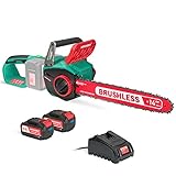Akku-Kettensäge 36V, HYCHIKA Elektrokettensäge 35.5cm Schwertlänge, 16 m/s Schnittgeschwindigkeit, Bürstenloser Elektromotor Kettensäge mit 2X4000 mA Li-lon Akku und Ladeg