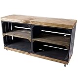 Truhenking TV-Schrank aus Regalkisten schwarz und „Used“ auf Rollen 100cm x30cm x50cm Fernsehtisch Black braun klassisch Weinkisten Tisch Schrank Vintage Obstkiste Fernsehregal Mehrzweck W