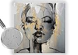 Ivoni Trade Handgemaltes Bild Abstraktes Gesicht Weibliche Acryl Grau Goldene Dekoration für zu Hause (100 x 100 cm)