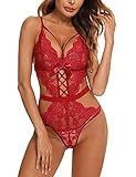 Ashinlove Sexy Body Dessous für Frauen Tiefer V Teddy Einteiler Spitze Babydoll, dunkelrot, Groß