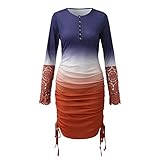 GOKOMO Damen Enges Sexy Kordelzug Kleid Tasten Rundhals Gestrickt Langarm Kleid Sexy Elegant Schlank Damen Kleid Damen Party Verein Hochzeit Feier Sexy Charmant Damen Kleid(L,Orange)