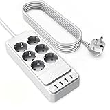 Steckdosenleiste mit USB, Mehrfachsteckdose Überspannungsschutz mit 6 Fach & 4 USB (5V/2,4A), 45° Anordnung, Steckerleiste mit Schalter, Mehrfachstecker Wandmontage, 2M Kabel für Zuhause, Büro, Weiß