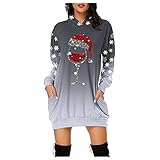 Weihnachten Kapuzenpullover Damen Oversize mit Kapuze: Weihnachtskleid Mini Pulloverkleid Rentier Elch Druck Pulli Kleid Langarm Pullover Weihnachtspullover Sweatshirt Causal Oversize Winterk