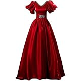 HUANLIAN Brautkleid für Damen, rote Braut, mit Puffärmeln, schmales Kleid, Party, Nachtkleid, lang, M, R