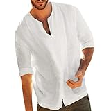 FASLOLSDP Herren 3/4 Arm Freizeithemd Einfarbig Frühjahr Sommer Herbst Shirt Männer Casual Leinenoptik Shirt Casual Vintage V Ausschnitt Shirt Tops Streetwear S