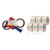 tesapack Ultra Strong und Handabroller im Set mit 2 besonders reißfesten PVC-Klebebändern - Braun - 66 m x 50 mm & ack 64014 im 6er Pack - Geräuscharmes Paketklebeband - transparent - 6 Rollen je 66