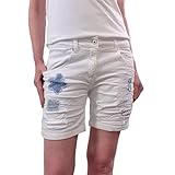 Place du Jour Jeans Shorts| Kurze Denim Hose mit Spitze und Flicken| Krempelshorts mit Stern (Weiß, 34)