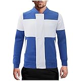 Men's Autumn and Winter Blouse Tops Cotton Plaid Color Block Sports Coat Zipper Jacket (Blue, XL)