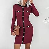 SSLLM Damen Strickkleider Winter Pulloverkleid Mode Farbblock Langarm Winterkleid Freizeitkleider für Frauen Bodycon Elegant Strickpullover Kleid Wickelkleid Thermo Strick Knielang Kleid Etuik