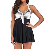 Lazzboy Damen Badeanzug Bauchweg Tankini Größe Bademode Mit Badekleid Schwimmkleid Frauen Plus Size Gestreifte Beachwear Gepolsterte Badebekleidung(Schwarz,XL)