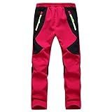 JUIYNIZT Kinder Softshellhose Gefüttert Warm Wanderhose Winddicht Spielhose Skihose Fleecefütterung Trekkinghose Wasserdicht Outdoorhose mit Farbblock(Rot, 134-140)