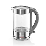 Bosch TWK7090B kabelloser Wasserkocher, Abschaltautomatik, Überhitzungsschutz, einfache Bedienung, hitzebeständiges Glas, 1,5 L, 2200 W, E