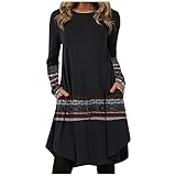 Unregelmäßige Saum Ethnisch Lang Bluse Kleider Damen Vintage Drucken Casual Langarm T Shirt Kleid Longshirt Tops Herbst Winter Loose Blouse Kleid mit Taschen Retro Boho Freizeitkleider Lang Tunik