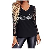 Damen Spitzenbluse Kolylong® Frauen V-Ausschnitt Langarmshirt Langarm Oberteile Tops Spitzen Spleißen Sweatshirt Glitzer Blusenshirt Freizeit Elegant T-Shirt Sexy Tunika Top Long