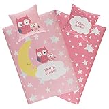 Aminata Kids Kinderbettwäsche 135x200 Mädchen Baumwolle Eule Eulen-Tier-Motiv rosa mit YKK Reißverschluss Kinder-Bettwäsche-Set mit Mond, Sterne & Spruch - Tier-Vogel-Motiv U