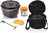 Petromax Feuertopf Starterset FT4.5-t (Dutch Oven Planer Boden) inkl. Deckelheber + Tasche + Pflegepaste + Schab