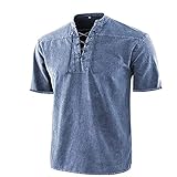 Shirt Herren V-Ausschnitt Schnürung Einfarbig Tops Herren Lose Kurzarm Jeanshemd Herren Vintage Klassische T-Shirt Herren Work Lässig All-Match Shirt H