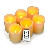 LED Kerzen,Flammenlose Kerzen 200 Stunden Dekorations-Kerzen-Säulen im 6er Set (10.2x7.6cm). Realistisch flackernde LED-Flammen 10-Tasten Fernbedienung mit 24 Stunden Timer-Funktion (Ivory)