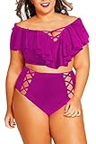 Kisscynest Damen Plus Size Bademode 2 Piece High Waist Badeanzug Rüschen Bikini - Violett - XX-Larg