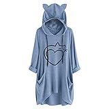 Lazzboy Kapuzenpullover Frauen Druck Katzen Ohr Mit Kapuze Langärmliges Unregelmäßiges Spitzenblusen Hemd Damen Lang Oversize Hoodie Pullover Sweatshirt(Blau,M)