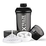 Protein Shaker 600 ml mit Pulverfach 2x = 150 ml + 200 ml - BPA frei - Fitness Becher auslaufsicher mit Skala - Sieb für cremige klumpenfreie Eiweiß Shakes - schw