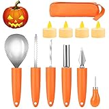 Halloween Kürbis Schnitzset, 6 Stück Edelstahl Kürbis Schnitzen Set, DIY Halloween Deko Kürbis Laterne Schnitzwerkzeuge mit 4 LED Kerzen, Dekoration Zubehör für Kinder und Familie, Inkl.Trag