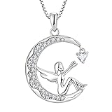 FJ Damen Schutzengel Anhänger Halskette 925 Sterling Silber Fee Mond Kette April Geburtsstein Zirkonia Halskette Schmuck Geschenke für Frauen M