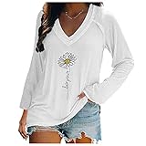 Damen Blusen Beiläufig Mode Gedruckt Reißverschluss Langarm T-Shirt mit V-Ausschnitt Top Bluse Tunika Oberteile T-Shirt Tops Lose Sommerbluse Tuniken Basic Tshirt(White, M)