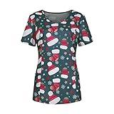 Graceyo Weihnachten Damen Pflege Kasacks Kurzarm V-Ausschnitt Nurse T-Shirt Oberteil Frauen Arbeitskleidung Pflege Uniformen Schlupfkasack Pflegeuniform Bluse mit Taschen Arb