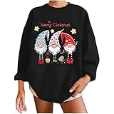 TRIGLICOLEUM Weihnachtspullover Damen süße Bluse Tunika mit Gnomen Print Lässiges Langarmshirt Tops Mode Lose Oberteile Sportbekleidung Herbst Winter Warme Sweatshirt Pulli Merry C