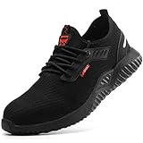 Poerkan Sicherheitsschuhe Herren Damen Arbeitsschuhe Schutzschuhe Atmungsaktiv Sportlich Unisex Anti-Smashing Anti-Piercing Outdoor rutschfeste Sneakers mit Stahlkappe Schwarz Gr.40