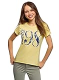 oodji Ultra Damen Baumwoll-T-Shirt mit Schriftzug und Unbearbeitetem Saum, Gelb, DE 36 / EU 38 / S