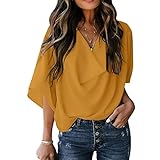 Buby Damen Einfarbig Übergroße Fledermaus Halbarm Plissee V-Ausschnitt Sexy Twisted Crop Tops Frauen Sommer Lässig Mode Trend Chiffon Cool Leicht Komfort Lockere Passform Büro T-Shirt Bluse H