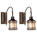 Rustikale Wandleuchte 2er-Pack mit Bernstein Glasschirm, Bronze gebürstet, industrielle Bauernhaus Lampe Veranda Beleuchtung Retro-Lampe für Indoor-Schlafzimmer-Wohnzimmer （NO Bulb）