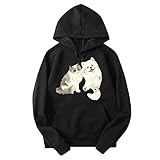 Damen-Kapuzen-Sweatshirt, niedlicher Katzen- und Hunde-Druck, Kordelzug, Kapuzen-Sweatshirt, langärmelig, lässiger Pullover für Herbst und Winter, Schwarz , 32