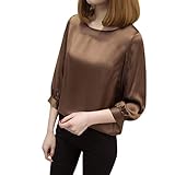 Seide Shirt Damen Unterhemd Rundhalsausschnitt Langarmshirt 3/4 Ärmel Tank Seiden Edel Einfarbig Basic Stretch Knit Shirtbluse Oberteil Atmungsaktiv Bequem T-Shirt Hemdb