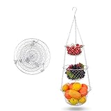 LxwSin 3-stufiger Hängend Obstkorb, Hängekörbe für Obst, Küchen Obst Hängekorb aus Metall, Korb Aufbewahrung Organizer Obstschale Hängend für Obst, Gemüse, Pflanzen, Individuell Einstellbar, Silb