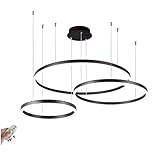 HUIRUI Dimmbar LED Decken Hängeleuchte 3-Ring Pendelleuchte Rund Kronleuchter Höhenverstellbar Hängelampe für Halle Wohnzimmer Esszimmer Esstisch Küche Bar Theke,mit Fernbedienung,Schwarz,40+60+80