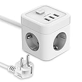 JSVER Steckdosenleiste 3 Fach mit USB, Würfel Mehrfachsteckdose USB Schreibtisch Überspannungsschutz mit 3 USB Ladegerät (15.5W) Steckdosen mit Schalter für Zuhause Büro,1.5m Kabel Weiß