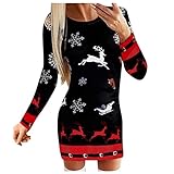 uy Damen Rundhals Weihnachtselemente Bedrucktes Kleid Strandkleid Herbst und Winter Rundhalsausschnitt Langarm Weihnachten Streifen Print Minikleid Kleider Party