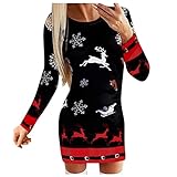 uy Damen Rundhals Weihnachtselemente Bedrucktes Kleid Strandkleid Herbst und Winter Rundhalsausschnitt Langarm Weihnachten Streifen Print Minikleid Kleider Party