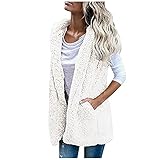 Amlousser Damen Kapuzen Plüsch ärmellose Weste Jacke Top Winter Warm Plüsch Kapuzenweste Einfarbig Mantel Jacke Ärmellos Kunstpelz Weste Winterweste Mit Kapuze Plüschweste Langer Cardigan mit T