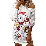 WANGTIANXUE Weihnachten Pullover Damen, Weihnachten Sweatshirt Casual Lose Langarm Weihnachtsbaum Drucken Bluse Beliebten Langarmshirt Schräger Kragen Sexy Schulterfrei Homew