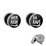 Treuheld® | Hier Rein/Da Raus - Fake Plugs im Set | Lustige Spruch Ohrstecker zum Schrauben | 10mm | Witzige Chirurgenstahl Ohrringe in Silb