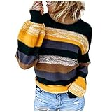 Uomitaff Damenmode O-Ausschnitt Zwischenfarbe Langarm Lose Streifen Strickpullover Christmas Reindeer Strickpullover Unisex Christmas Sweater Pullover Damen Teenager M