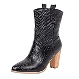 Frauen Stiefel Dicker Absatz Spitz Slipper Lässig Bestickt Rodeo Cowboystiefel Schlangenmuster Martin Stiefel(39 EU,Schwarz)