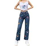 Eaylis Frauen Jungfrau Style High Waist und Slim Butterfly Bestickte Straight Jeans, Female Hight Waist Skinny Fit Jeans Leggins Blickdicht Elastische Angenehm Weiche Elastische Dehnbare H